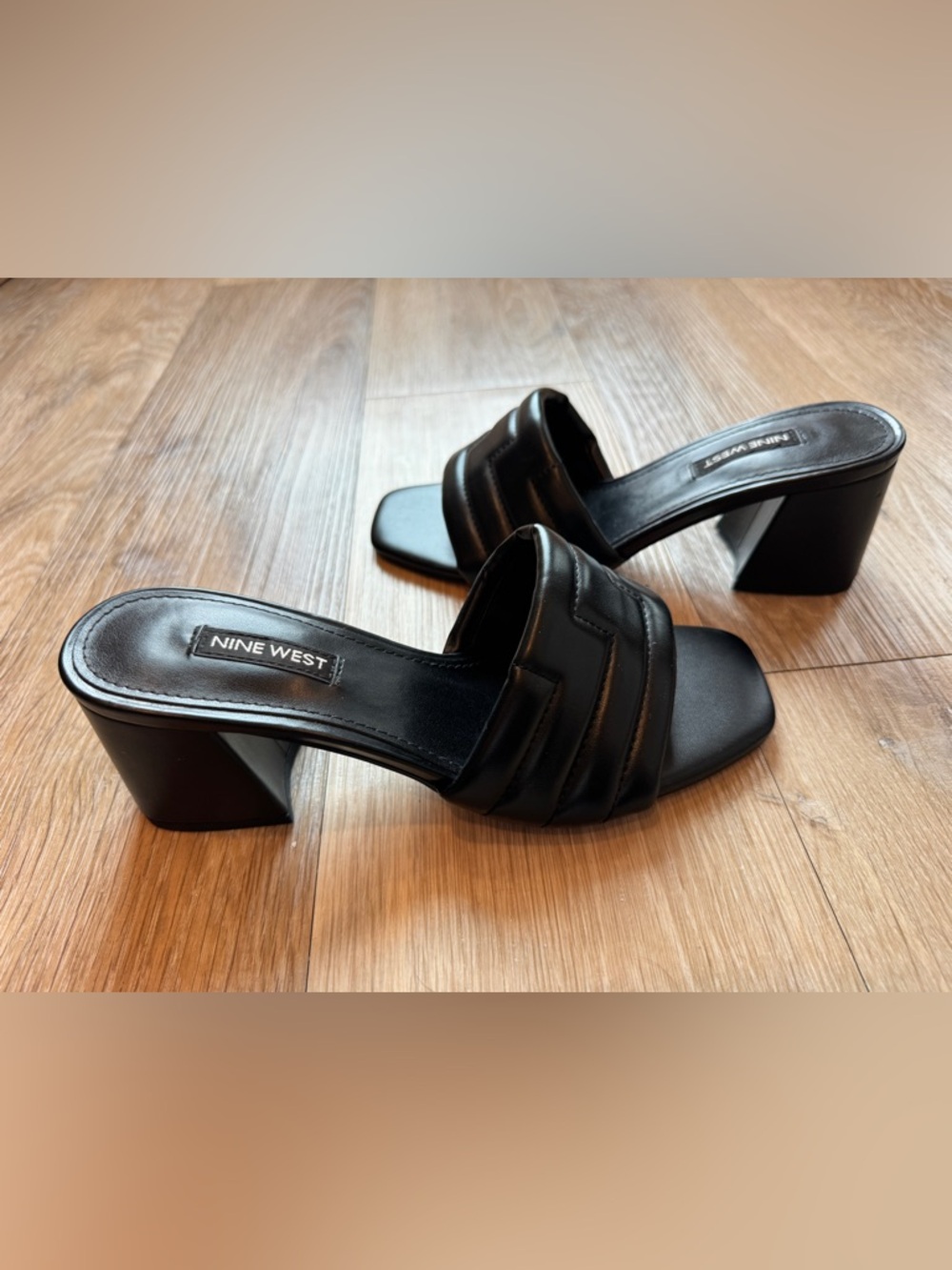 Nine West Black Leather Slide Mules with Block Heel